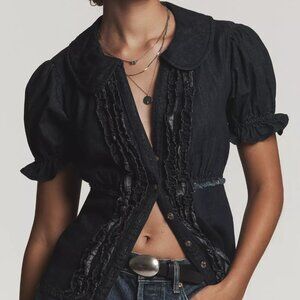 NWT $98 Anthropologie Keira Denim Waisted Blouse by Pilcro, XXS